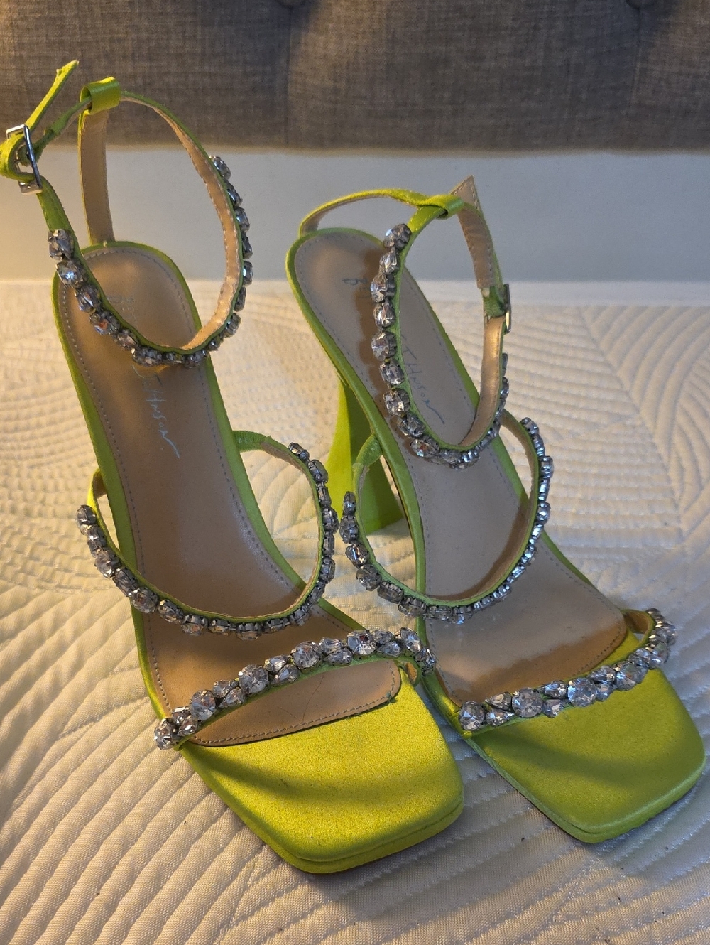 Betsey Johnson Neon Lime Jeweled Strap Block Heels